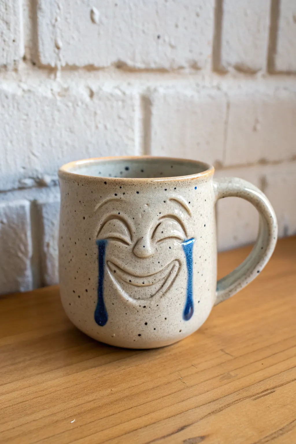 Laugh-cry drippy tear mug with glossy blue tears, minimalist handmade charm for cozy mornings