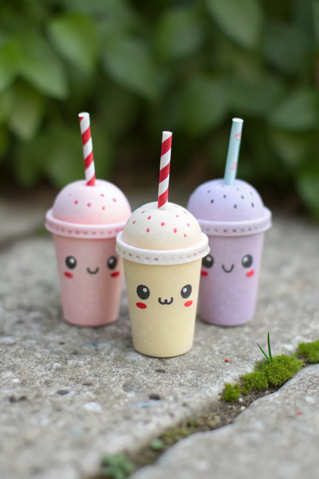 Tiny fruit drink clay characters gossiping in pastel cups, simple, cute, and easy to recreate