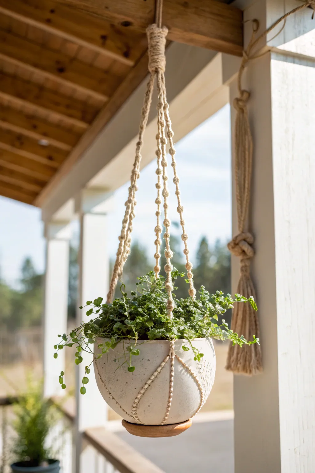 Airy porch styling with a handmade hanging ceramic pot and soft trailing greenery