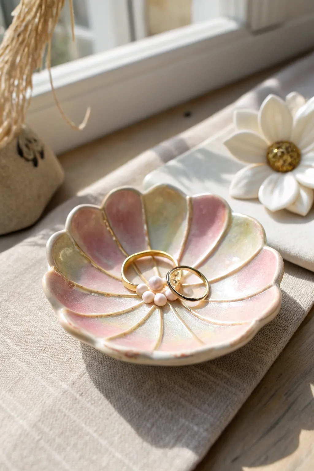 Pastel daisy trinket dish with pearly glaze, perfect for rings and tiny treasures.