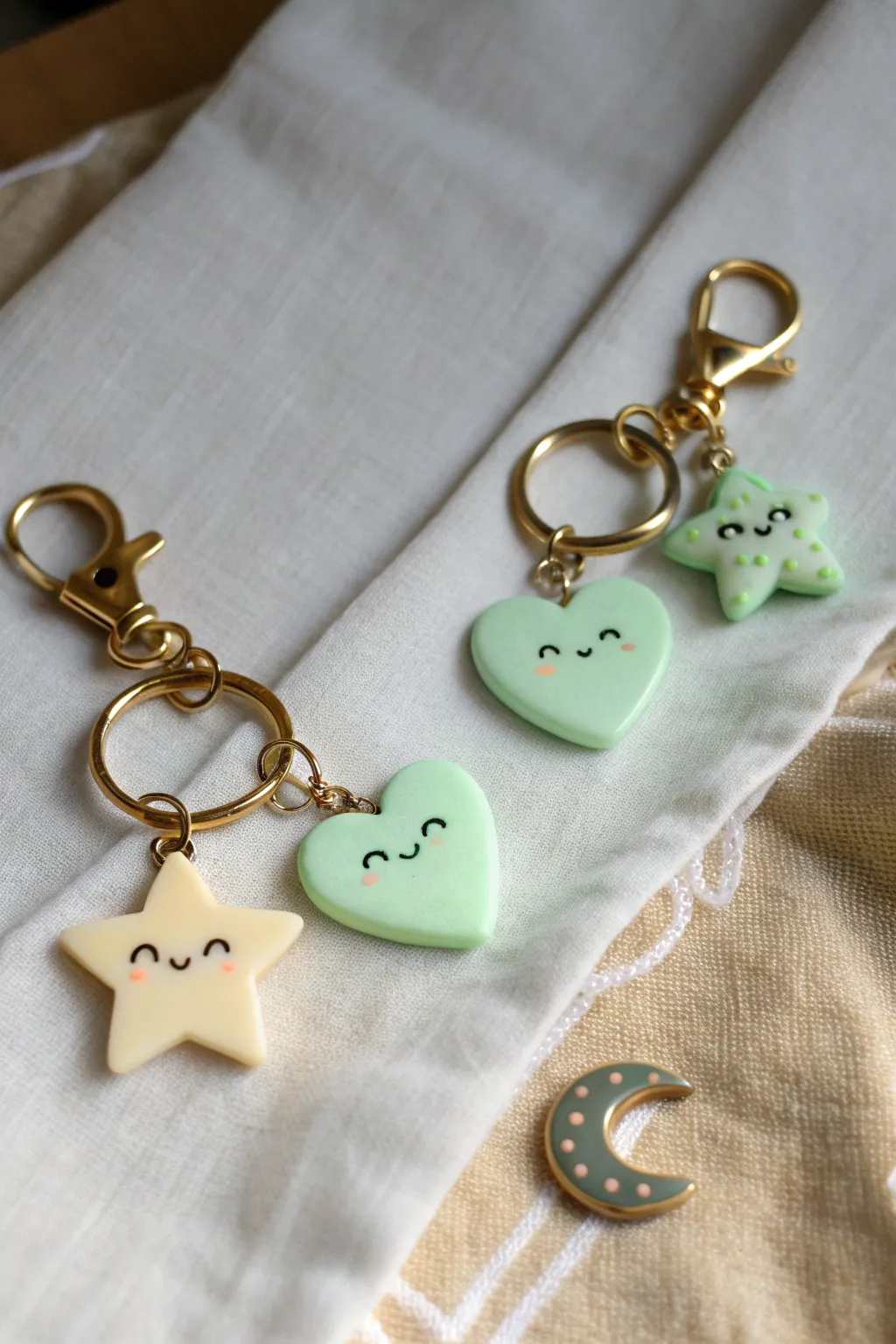 Cute glow polymer clay charm keychain set, shown in daylight and glowing softly in the dark