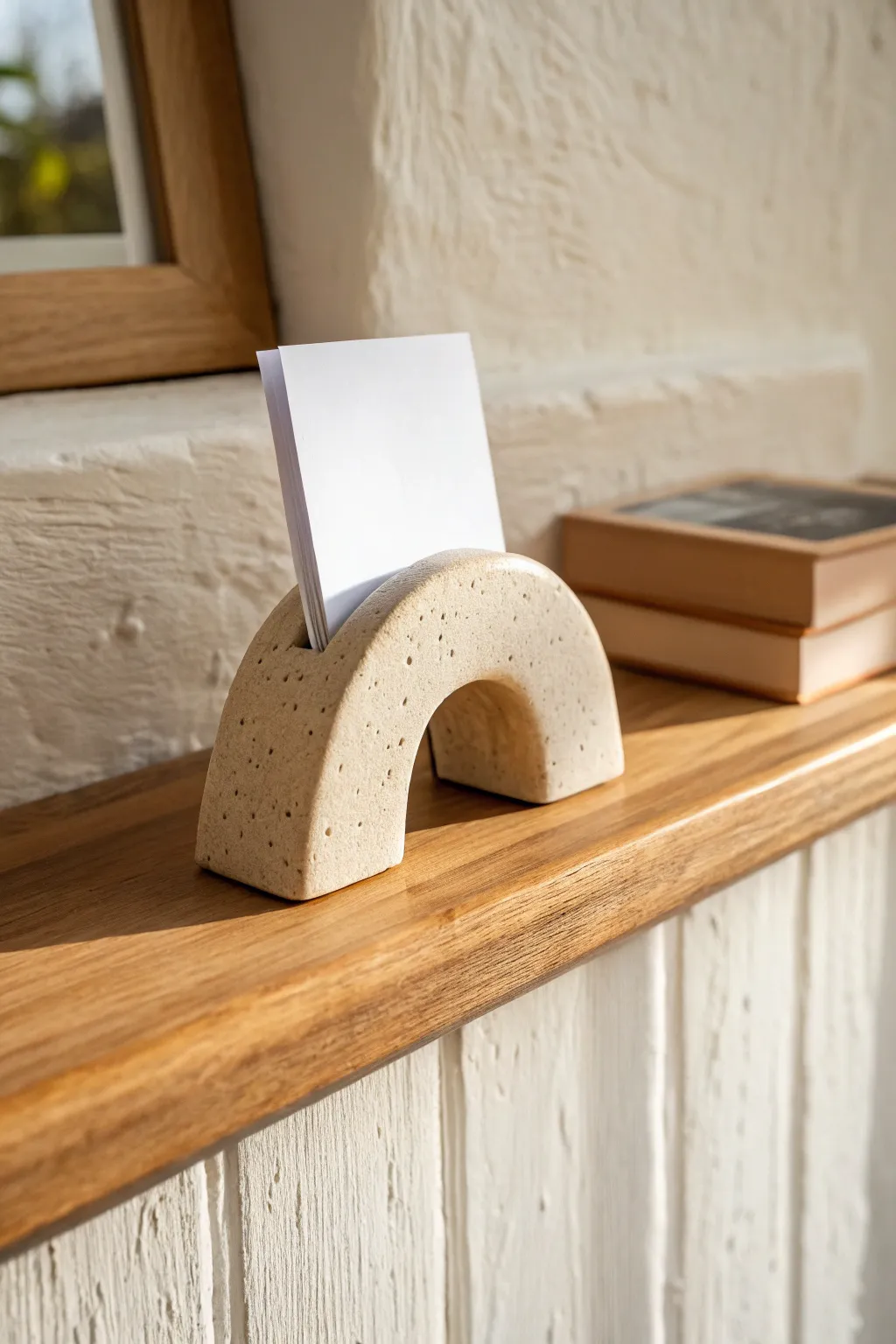 Minimal clay postcard holder with a soft arch shape, styled on an oak shelf in warm natural light