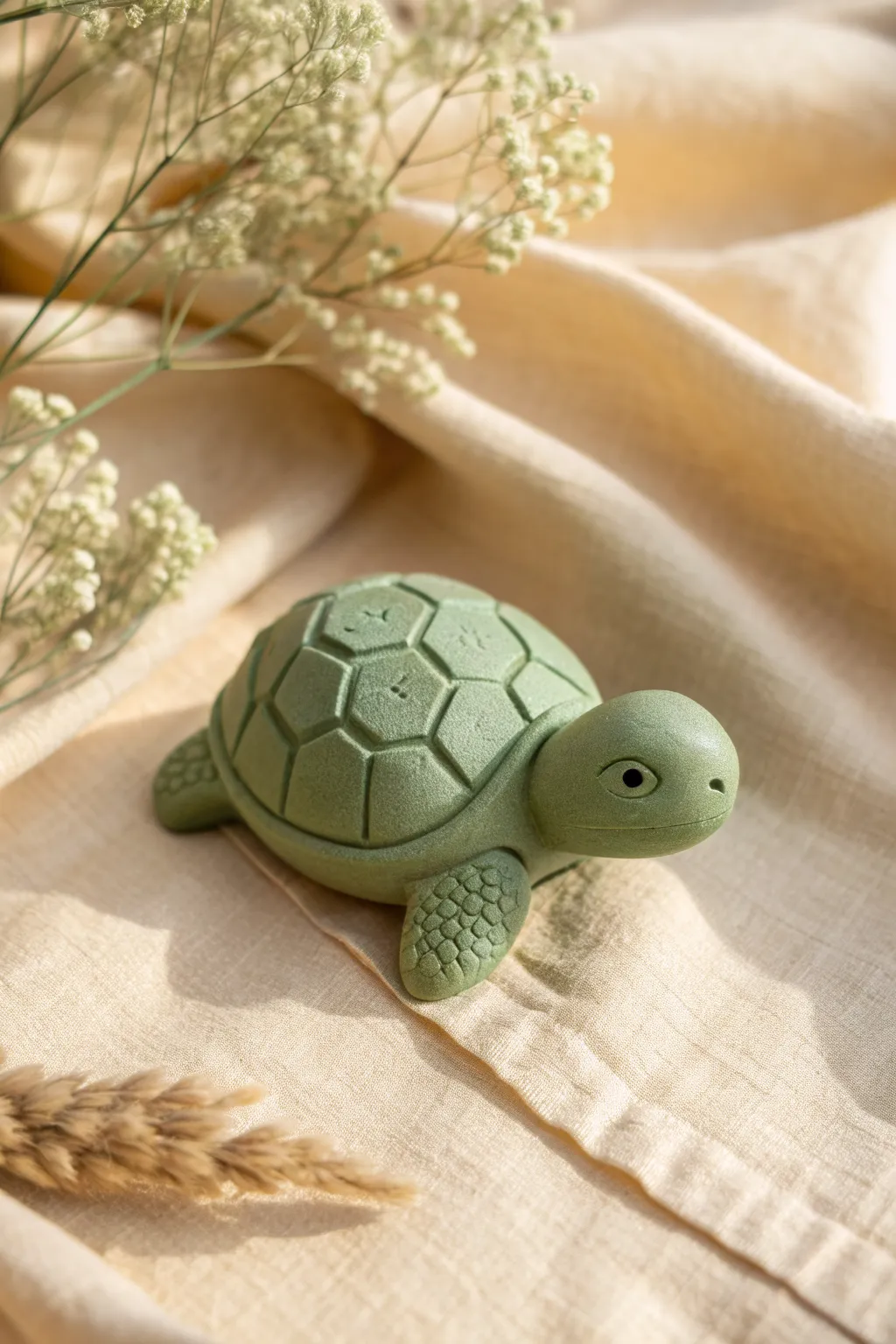 Tiny green air dry clay turtle with a simple textured shell, calm minimalist styling