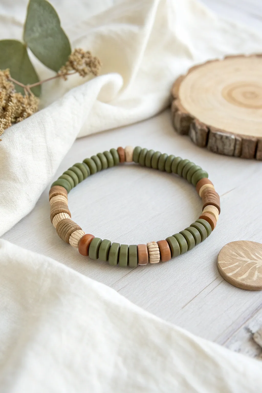 Olive green heishi bracelet with sand and cream blocks, styled on linen for calm boho vibes.