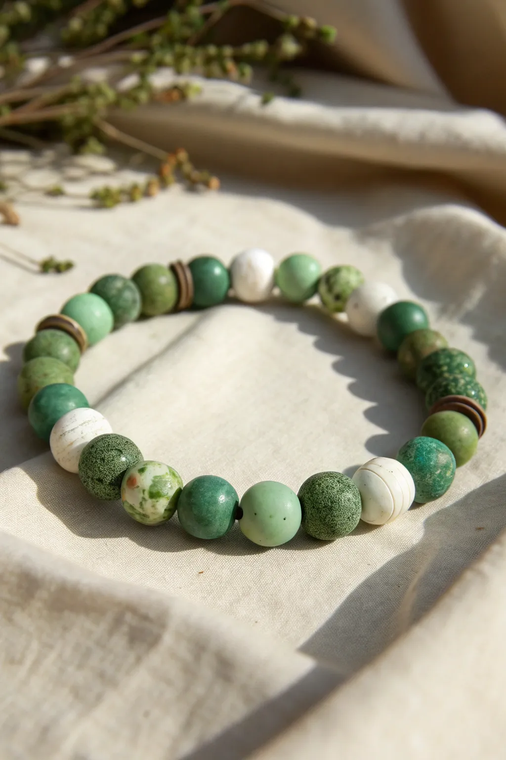 Green confetti clay bracelet with crisp white pops, styled minimal on linen for boho calm.