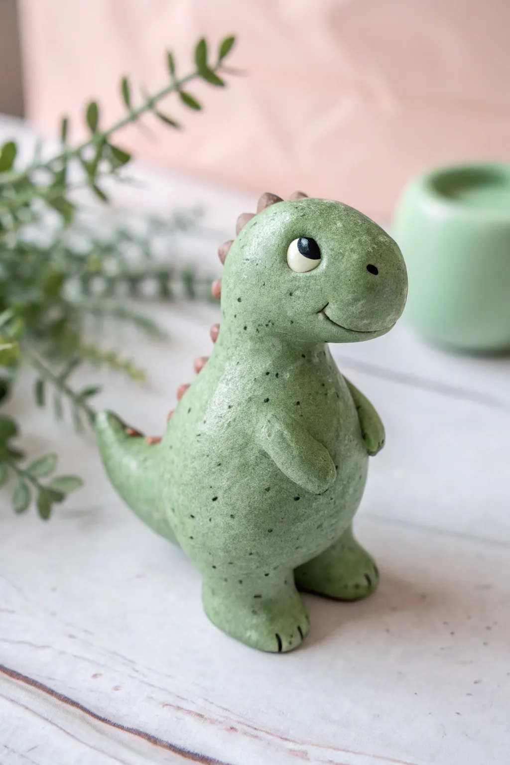 Tiny green dino buddy in minimalist style, sweet and simple clay charm with cozy boho vibes