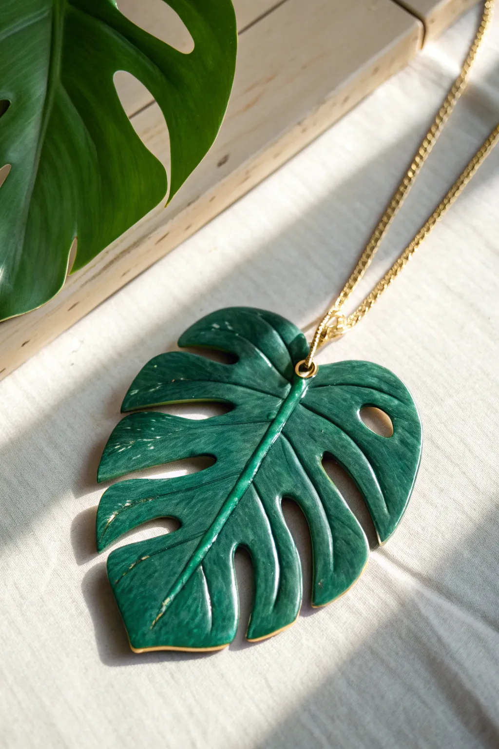 Minimalist green monstera clay pendant on a delicate chain, clean lines and natural contrast