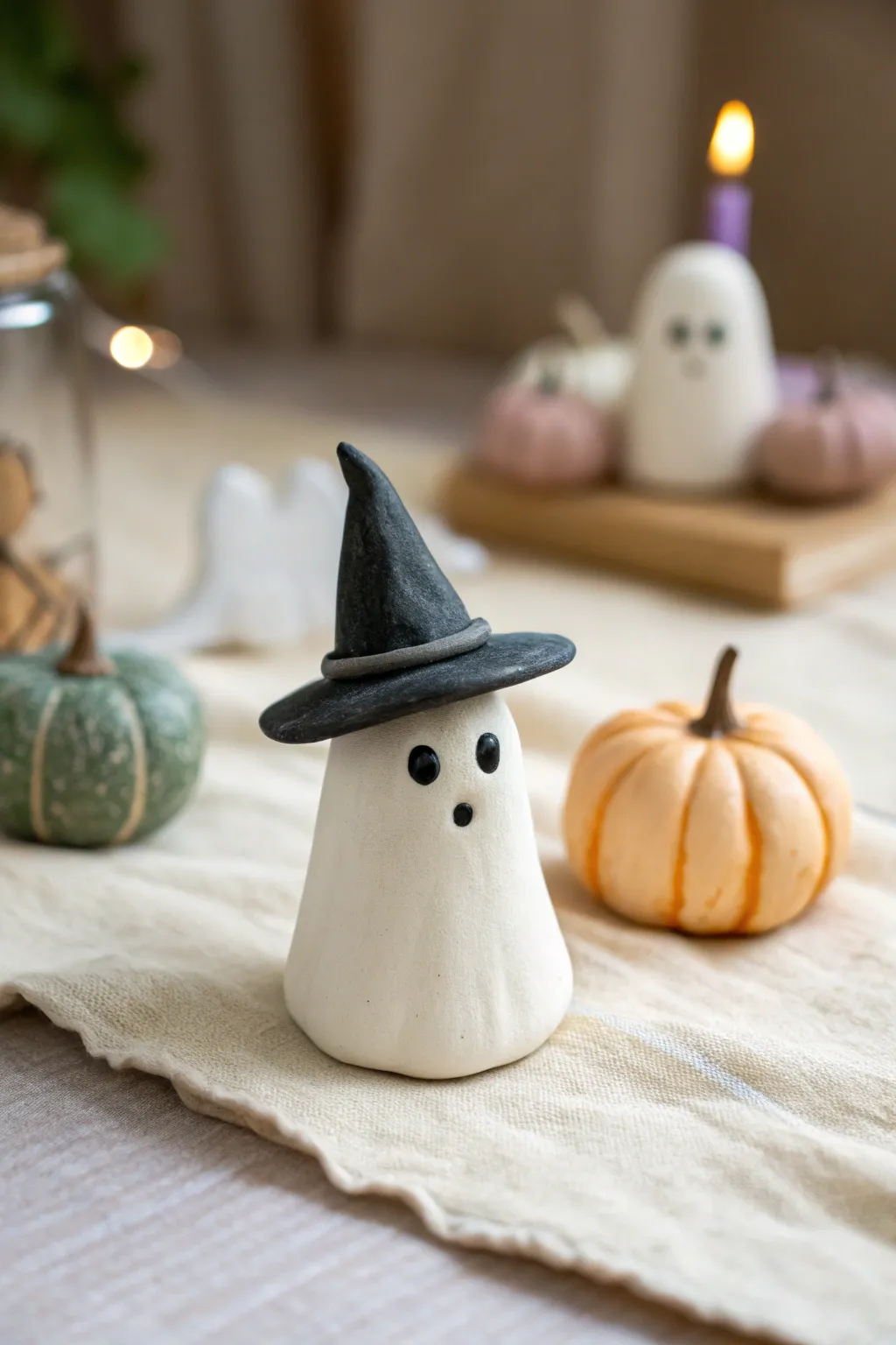 Easy air dry clay witch hat toppers perched on a mini ghost for a chic Halloween touch.