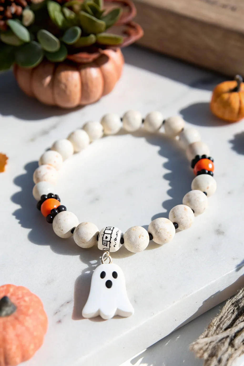 Minimal white clay bead bracelet with a sweet ghost charm and tiny black-orange accents.