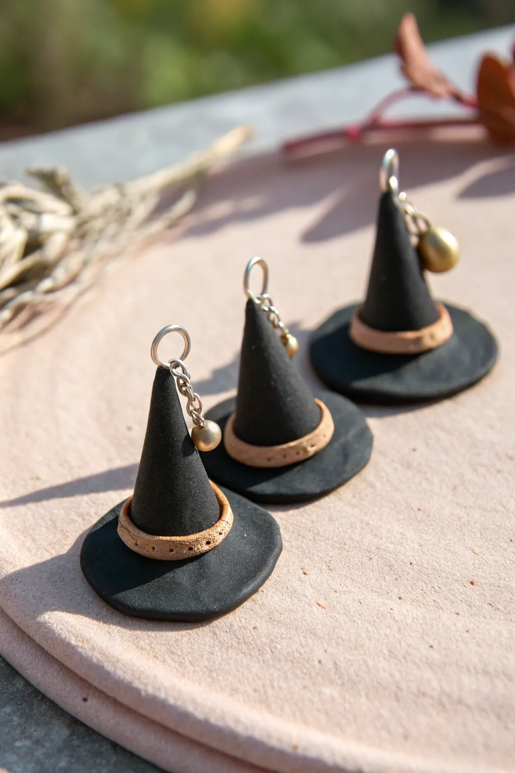 Mini matte-black witch hat charms with curved tips, perfect for handmade Halloween pottery decor.