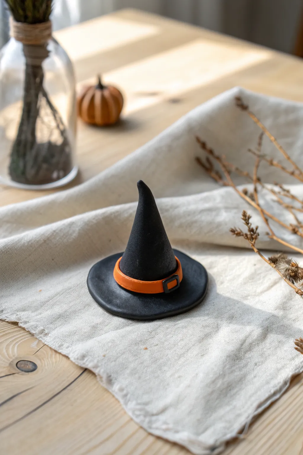 Minimal black clay witch hat charm with a pop of color, perfect for Halloween toppers and charms