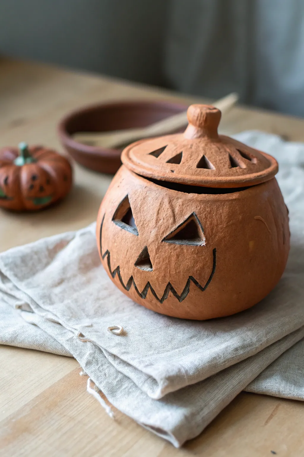 Moody pumpkin pinch pot with sharp carved features for a minimalist spooky Halloween vibe