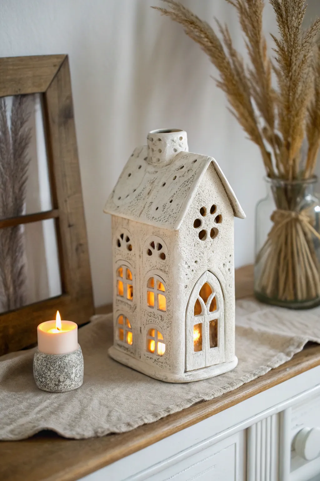 Crooked haunted house luminary glowing warmly, a minimalist Halloween pottery accent