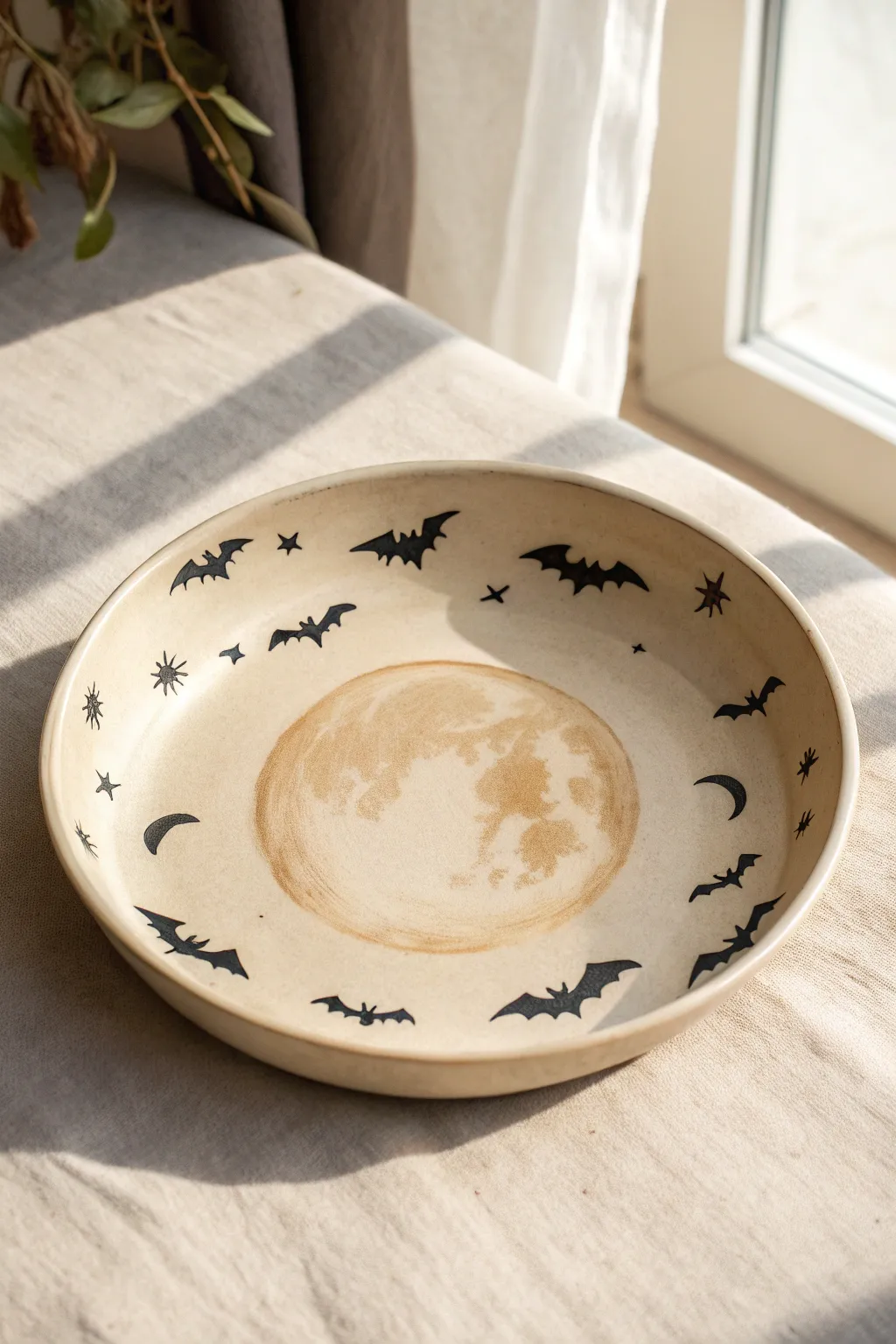 Minimal Halloween plate: pale full moon center with simple black bats circling the rim.