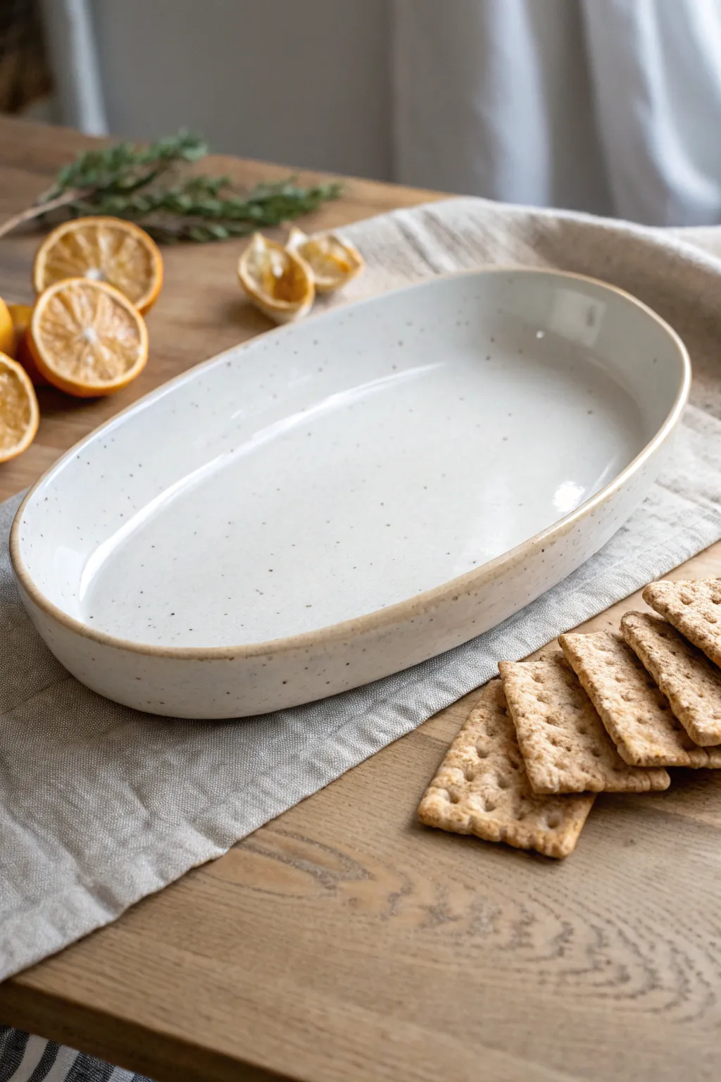 Oval slab-built platter with a clean glaze, styled simply with citrus for a calm modern look