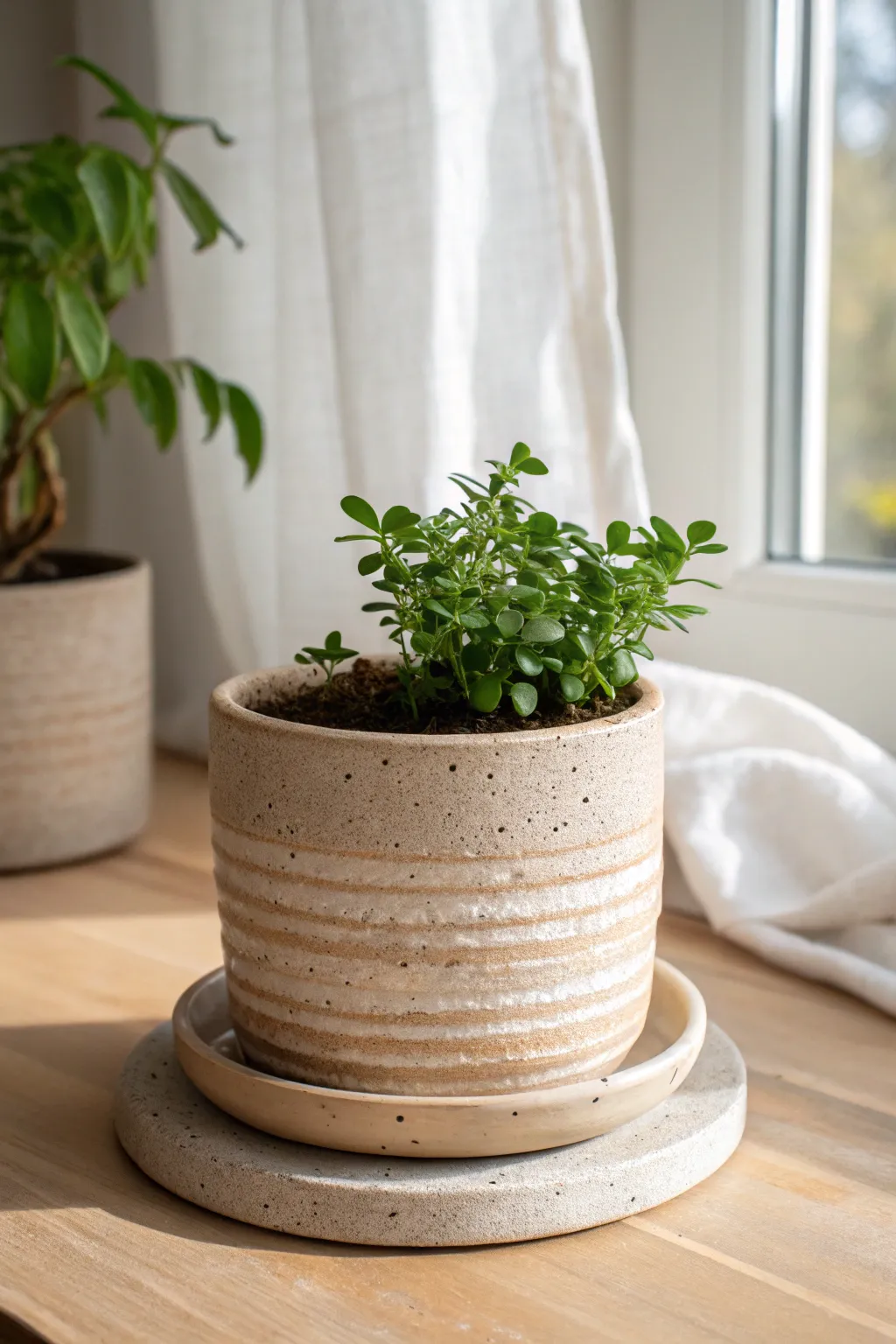 Coil-built planter with a simple saucer, minimalist and handmade, perfect for small plants.