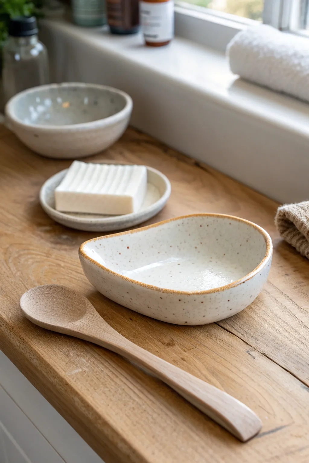 Hand built spoon rest with simple glaze, paired with a grooved soap dish in soft natural light.