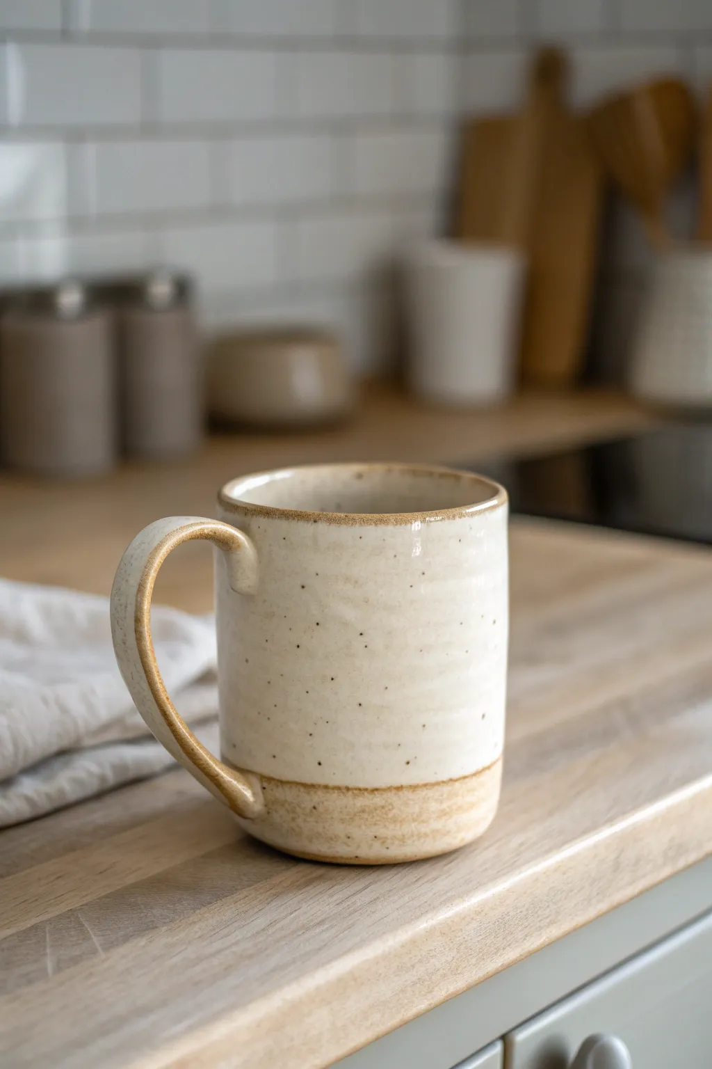 Beginner slab-built mug with a simple strap handle, styled for a cozy minimalist kitchen.
