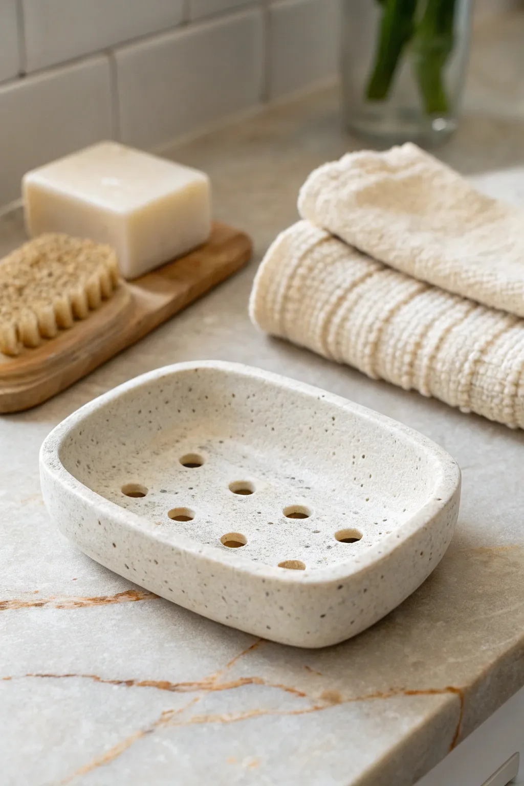 Minimal slab clay soap dish with neat drain holes, styled on stone with soap and linen.