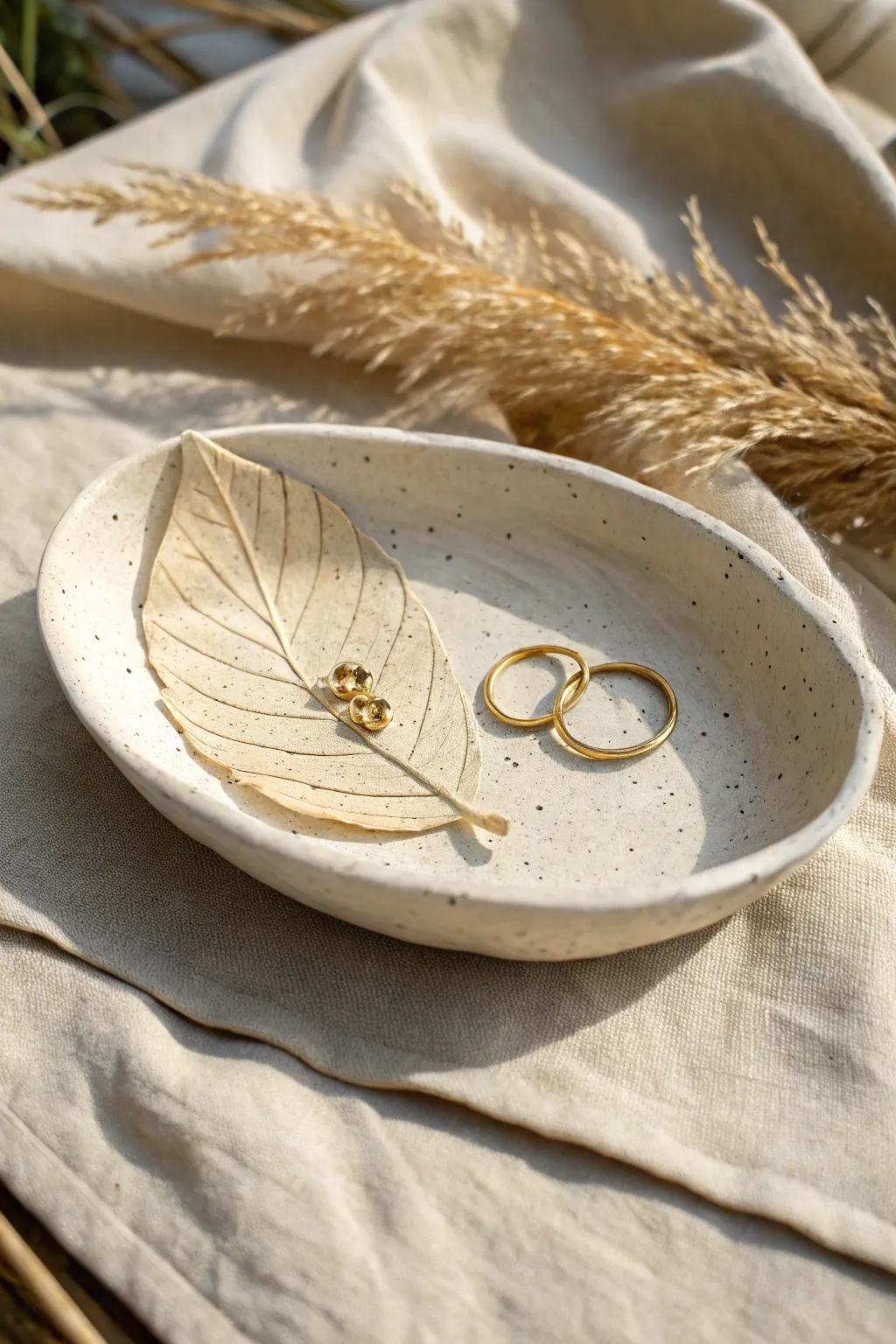 Leaf-imprinted clay jewelry dish with soft curves and crisp veins, styled on linen.