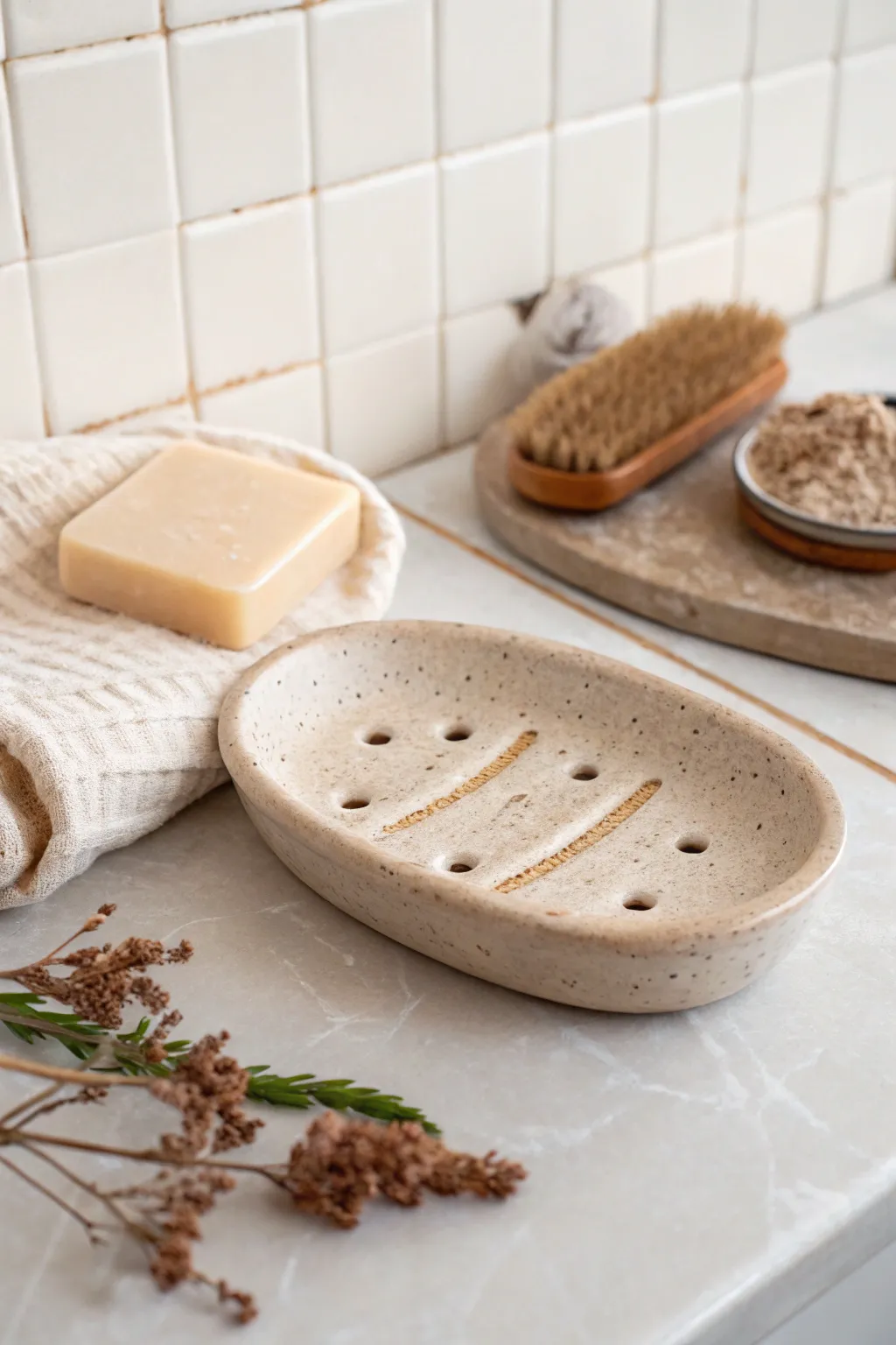Minimal slab-built soap dish with drainage holes, styled softly for a calm Scandinavian bath vibe.