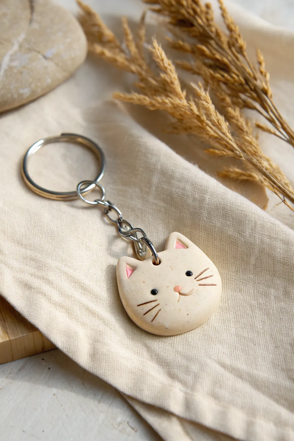 Chubby cat face clay charm keychain with satin finish, thick ears, and sweet whiskers.