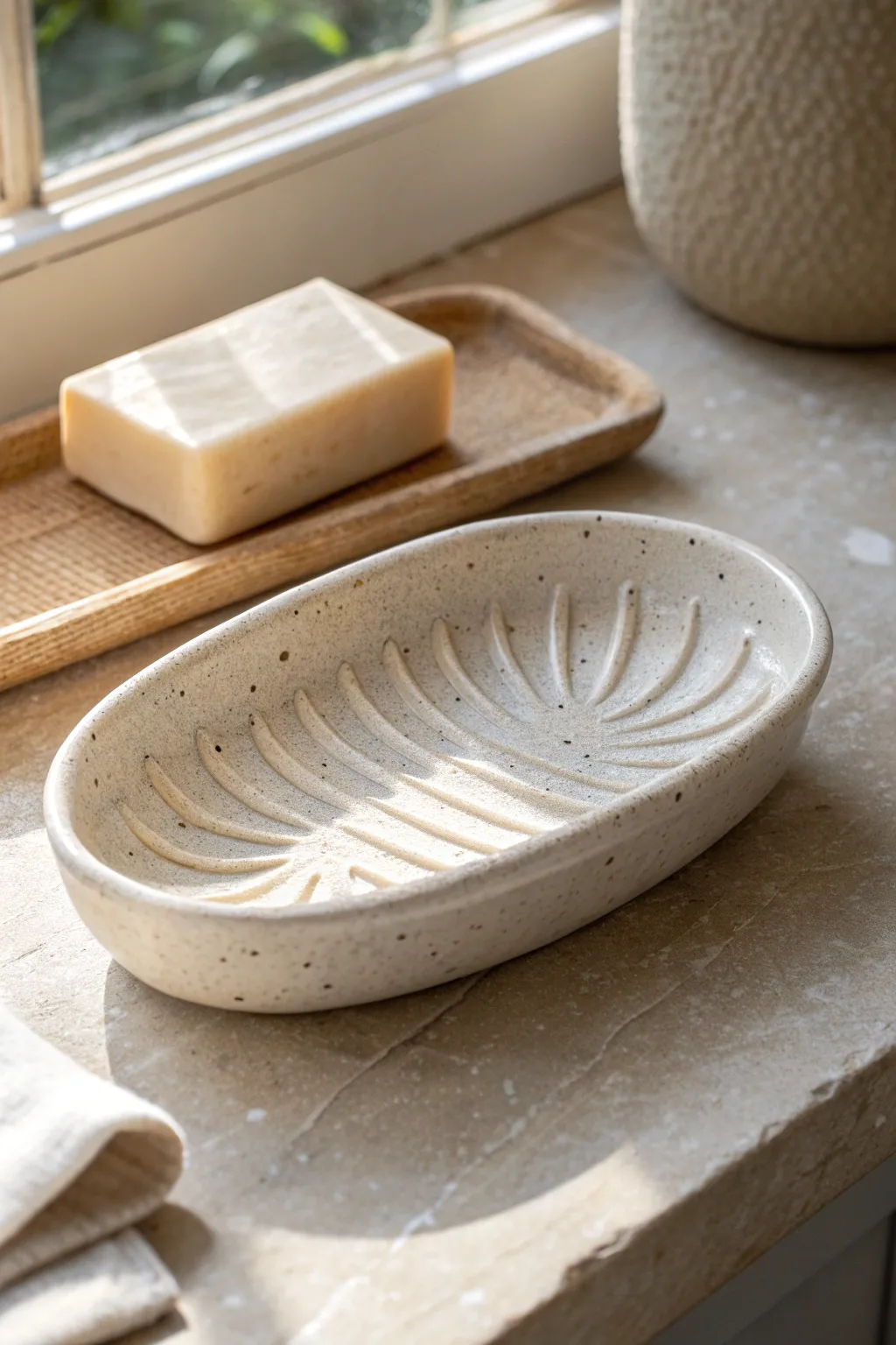 Glossy handmade soap dish with drainage ridges, minimal and boho styled for a calm bathroom