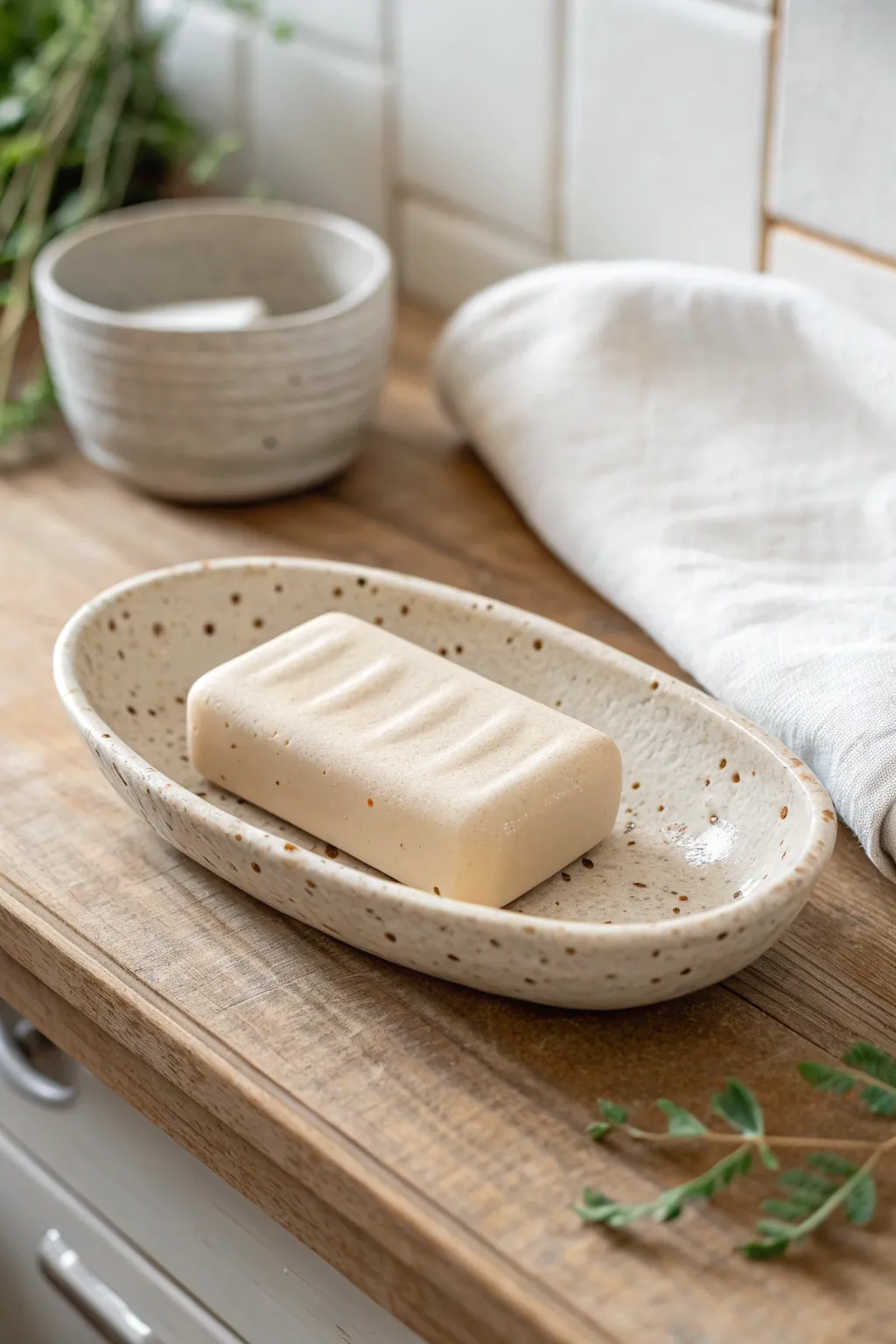 Minimal handmade soap dish with drainage ridges for a clean, serene, spa-like sink setup