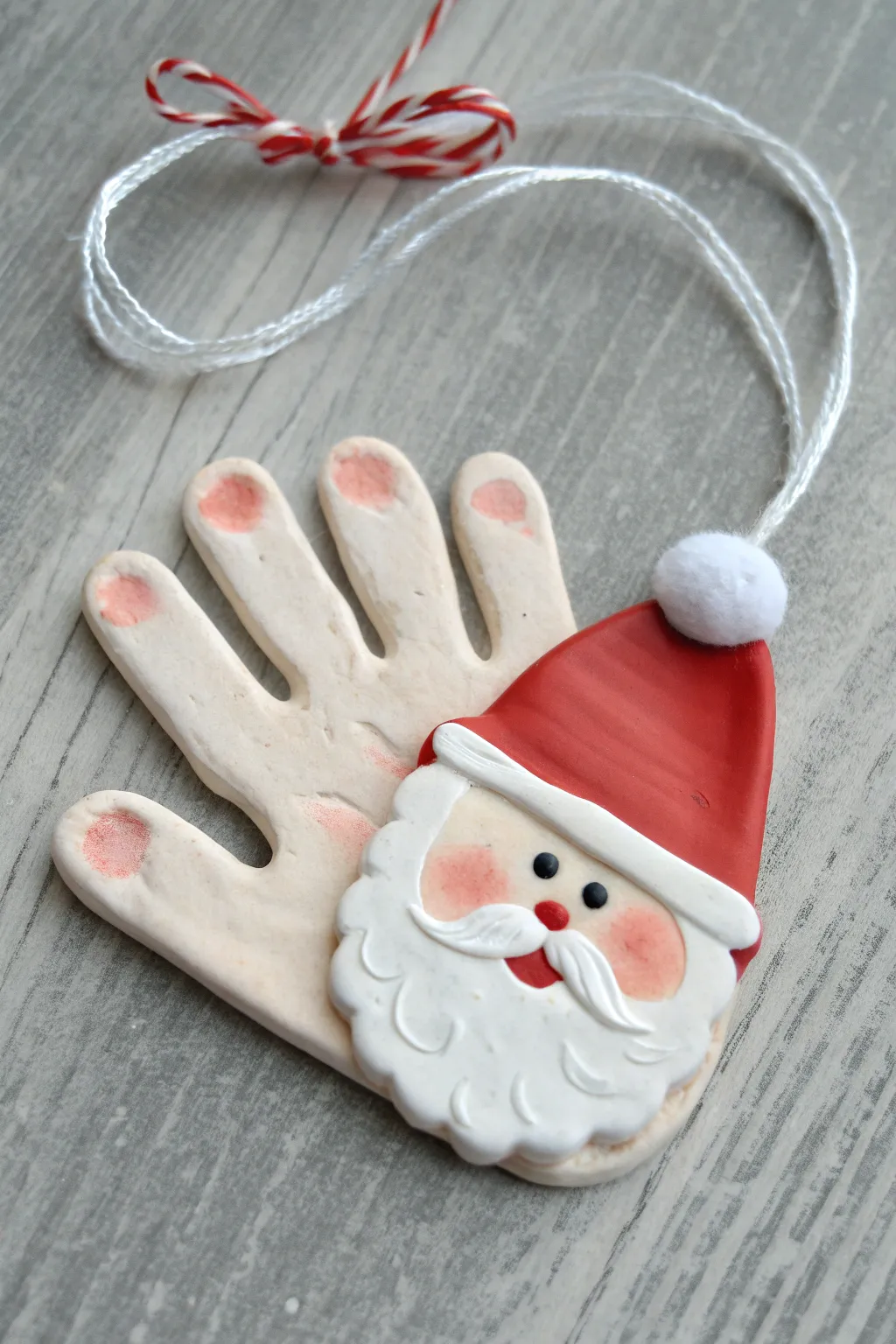Minimal Santa handprint ornament: palm as face, fingers as beard, finished with twine ribbon