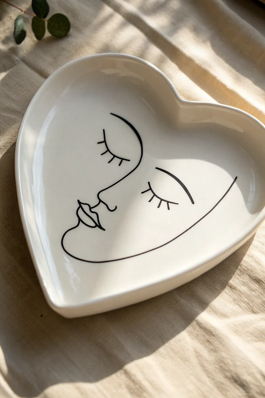 Minimal line-art heart plate: one continuous black stroke becomes a heart and a face profile.