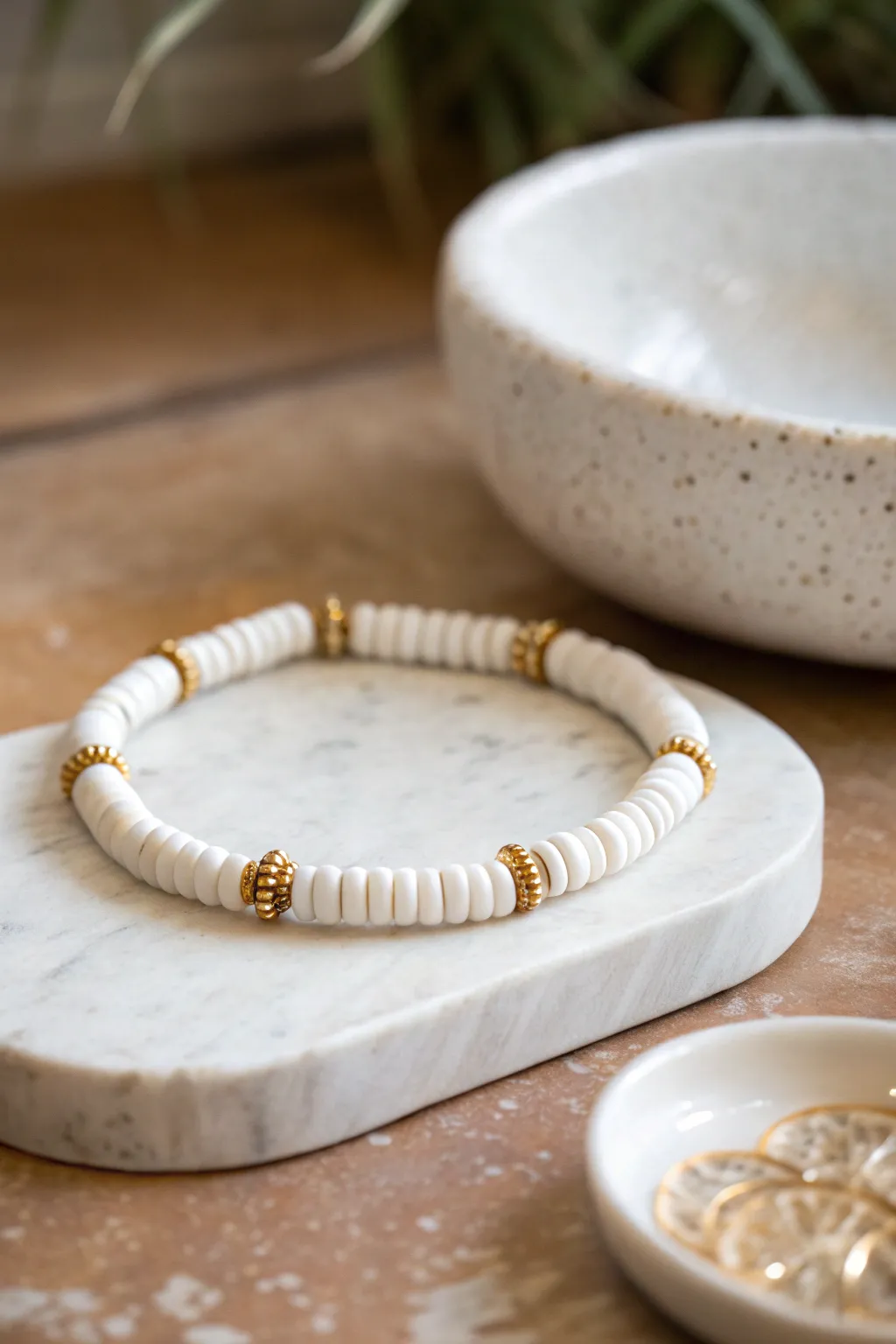 Monochrome heishi bracelet with spaced gold accents for a clean, modern shine.
