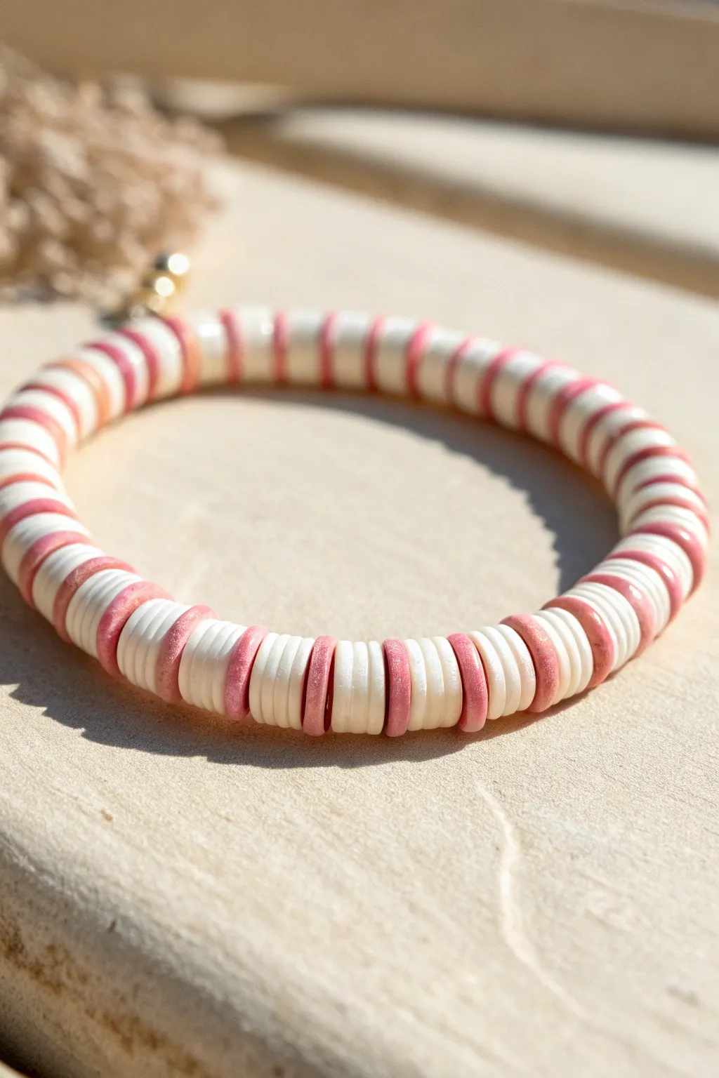 Blush pink and ivory candy-stripe heishi bracelet, minimalist, sweet, and beautifully handmade