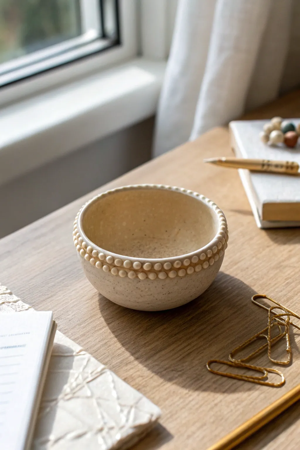 Beaded clay mini bowl with a glossy look, perfect for paper clips or tiny jewelry storage.