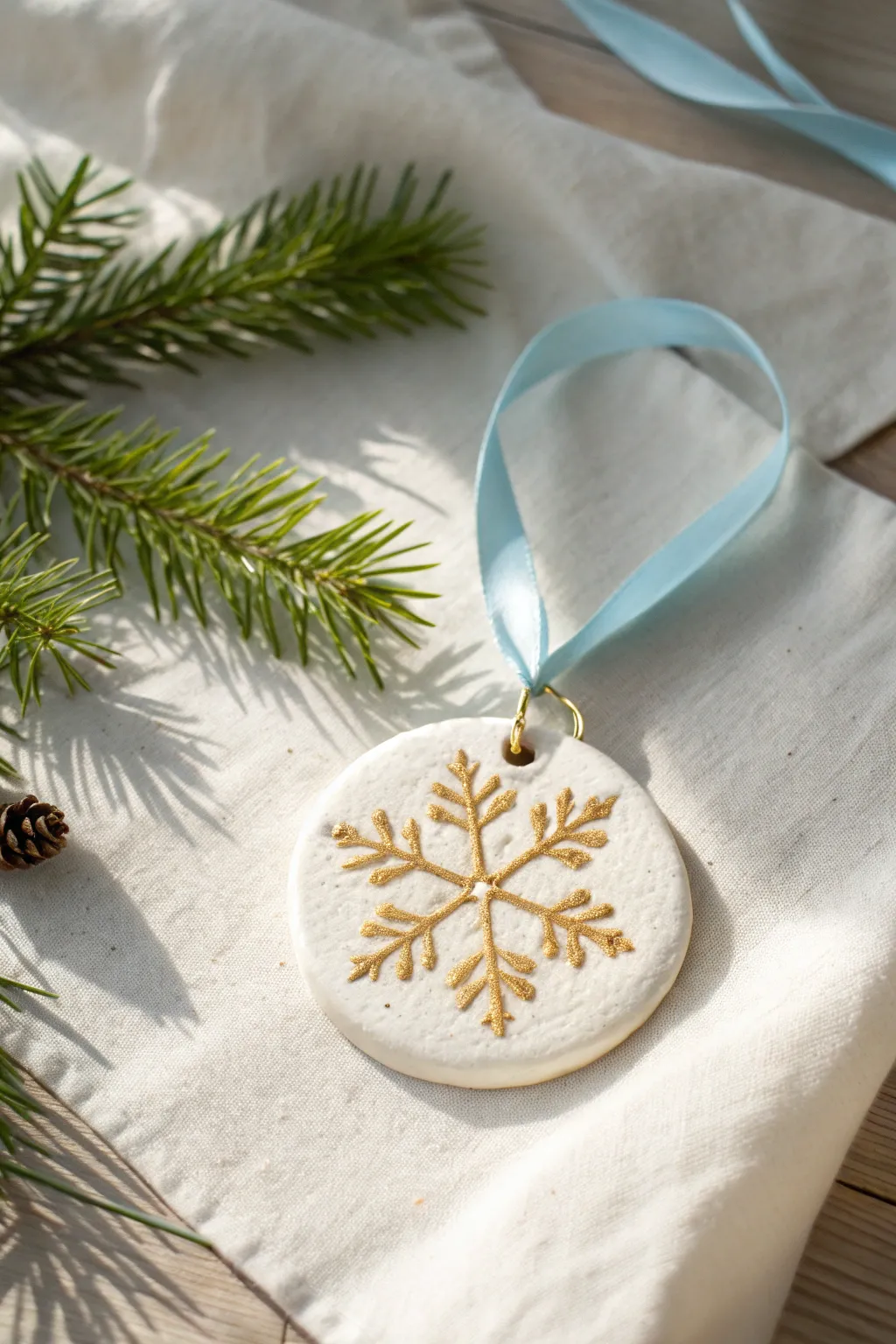 Snowflake-stamped clay ornament with subtle metallic highlights, ready for a cozy winter tree.