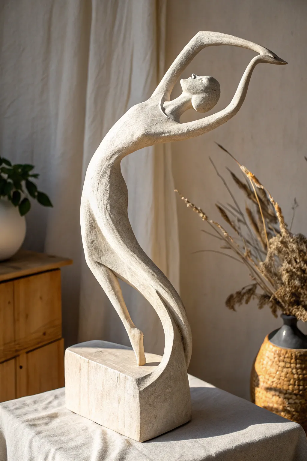 Abstract clay dancer with flowing arcs, minimalist silhouette, handmade calm with bold contrast.