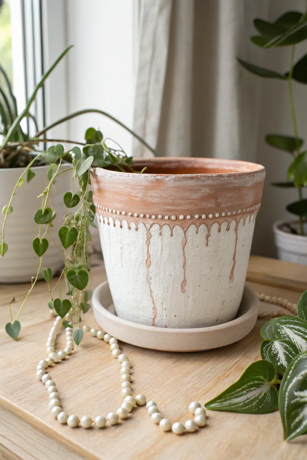 Soft blush paint-drip rim on a matte clay pot, styled with a trailing plant for easy boho charm.