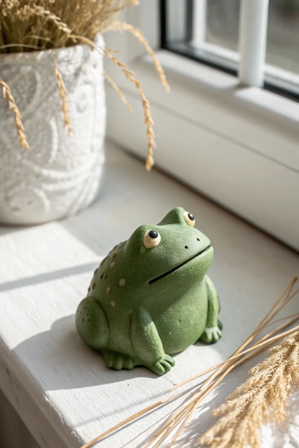 Sweet gumdrop frog in smooth green air-dry clay, minimalist and beginner-friendly with crisp contrast.