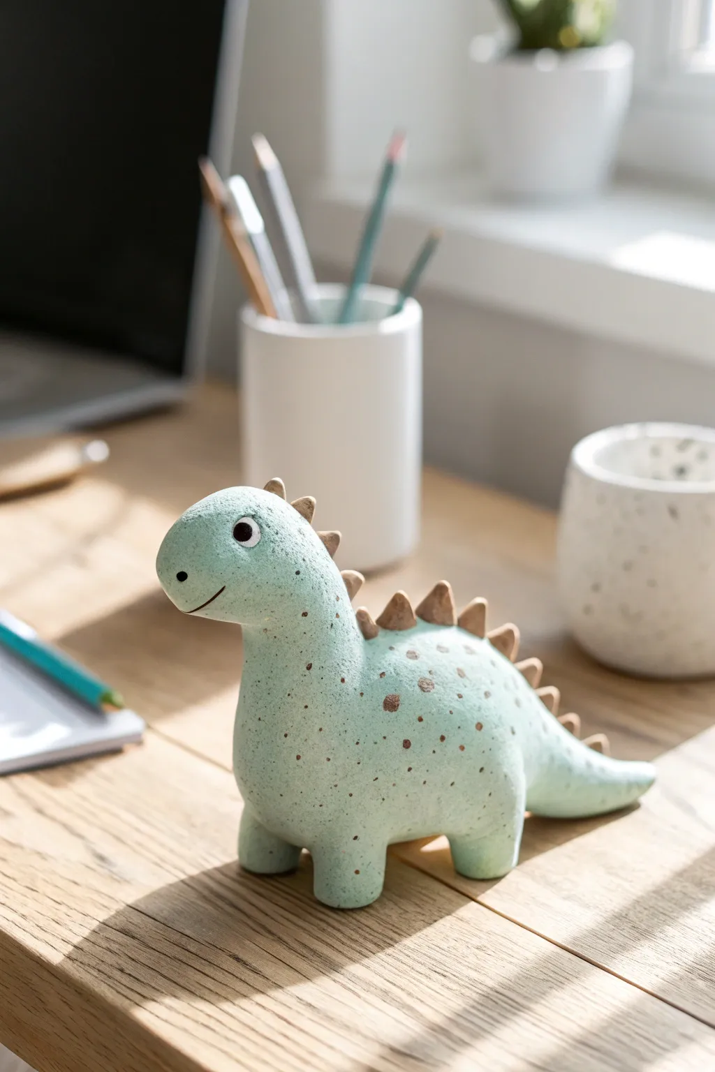 Pastel mint clay dino desk buddy, cute and simple decor with a calm Scandinavian vibe.