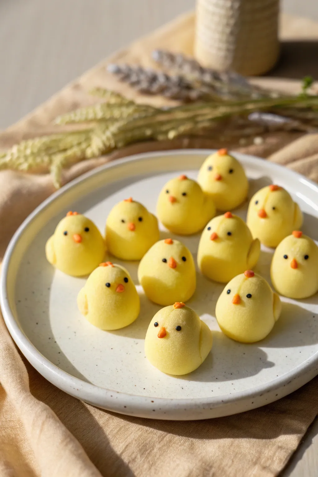Sweet chubby clay chicks on a crisp white plate, minimalist and irresistibly cute.