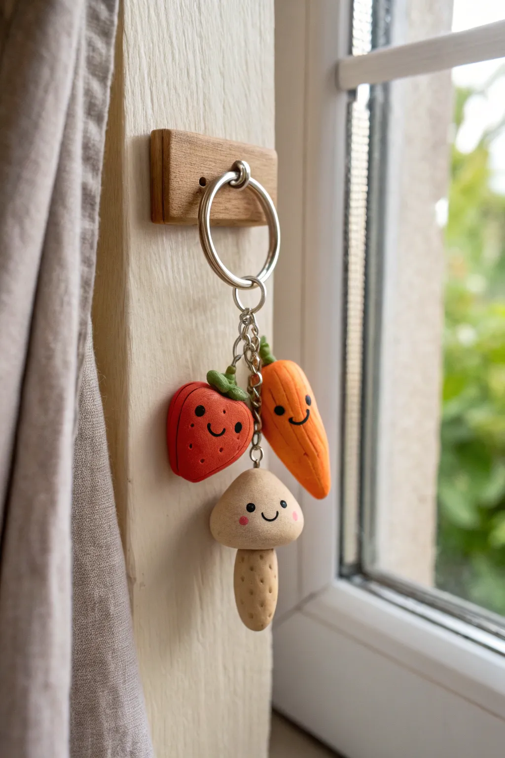 Adorable clay fruit and veggie charm keychain in a minimalist Scandinavian style with boho warmth