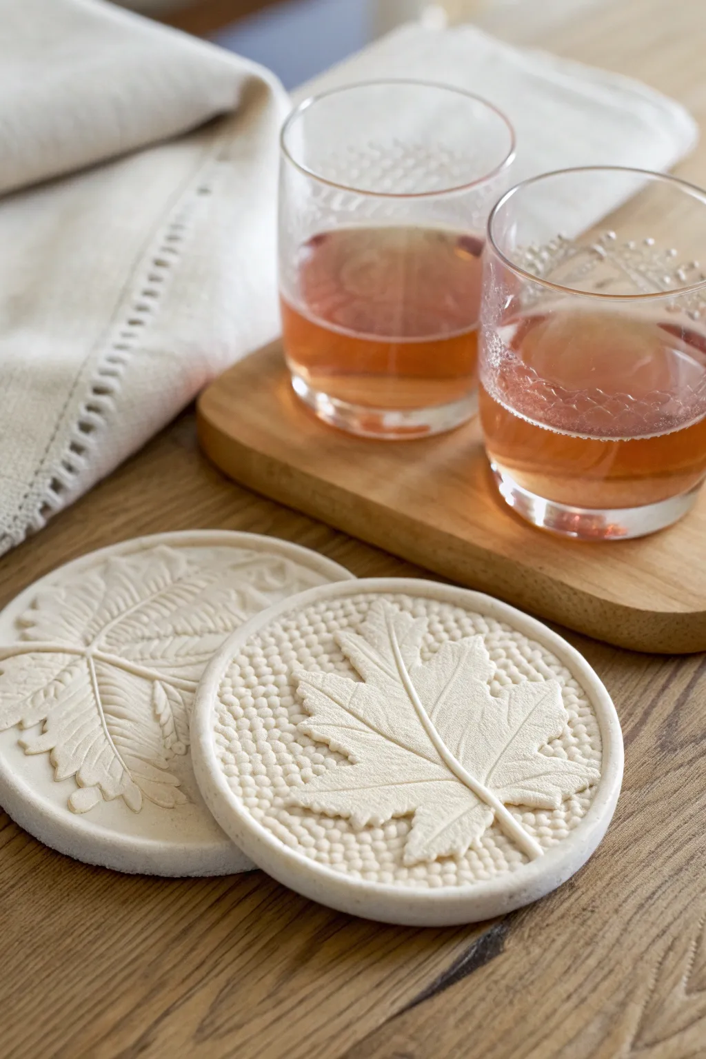 Cozy clay date night: pressed-texture air-dry clay coasters styled under two drinks
