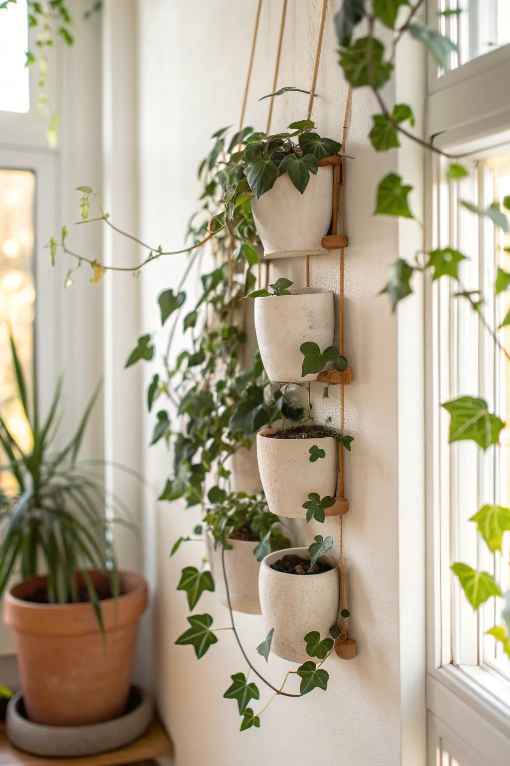Wall pocket planters with cascading ivy trails for a simple, living tapestry look