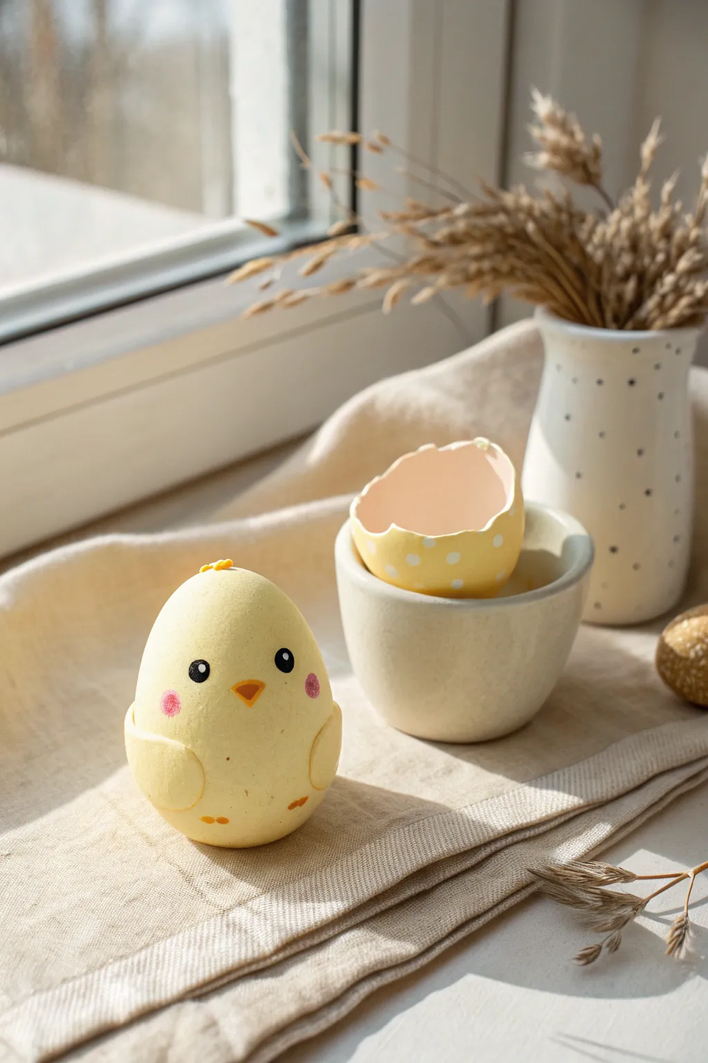 Sweet kawaii chick and cracked egg duo in sunny pastels, minimalist and handmade.