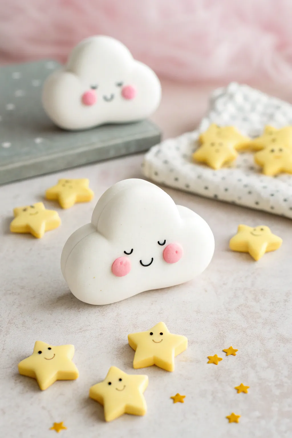 Sweet kawaii cloud with rosy cheeks and tiny smiling stars, perfect for easy kid-friendly clay fun