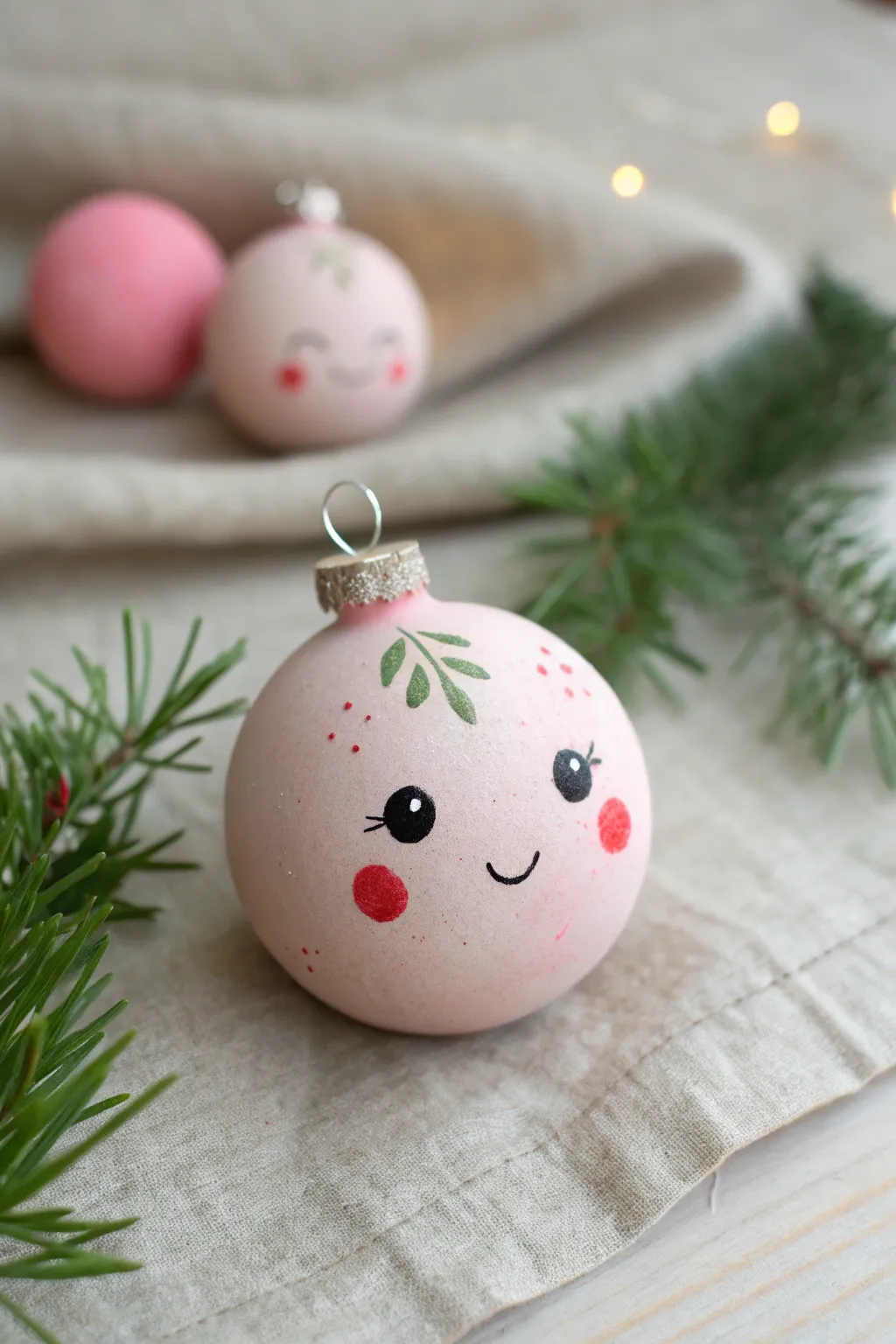 Kawaii clay Christmas bauble with sweet face, minimal Nordic styling and soft boho tones.