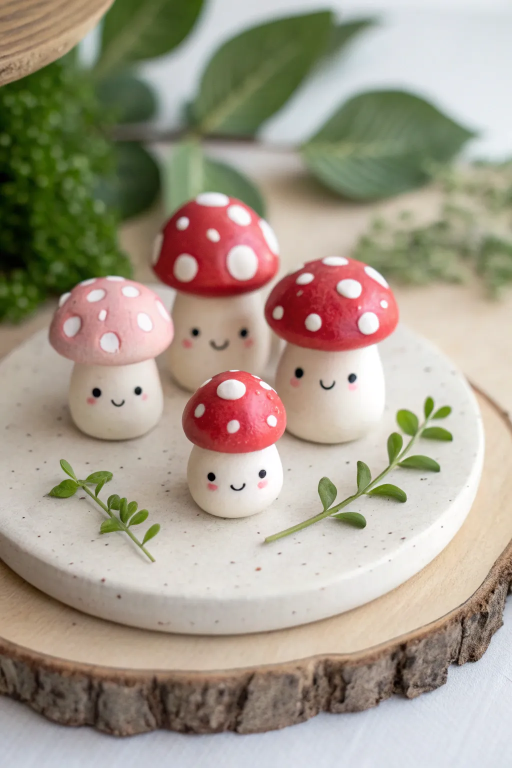 Mini kawaii toadstool friends in blush and red, with tiny feet and simple faces, forest-cute