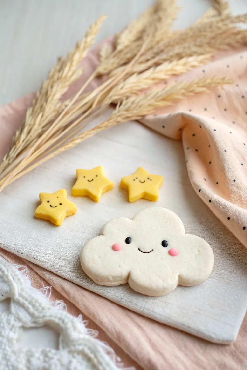 Smiling air-dry clay cloud with tiny star minis in a soft Scandinavian pastel flat lay
