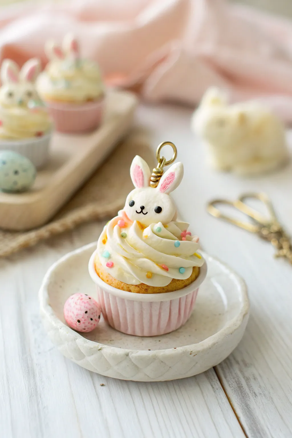 Kawaii cupcake animal charms with swirly frosting, simple sprinkles, and sweet earring-ready details