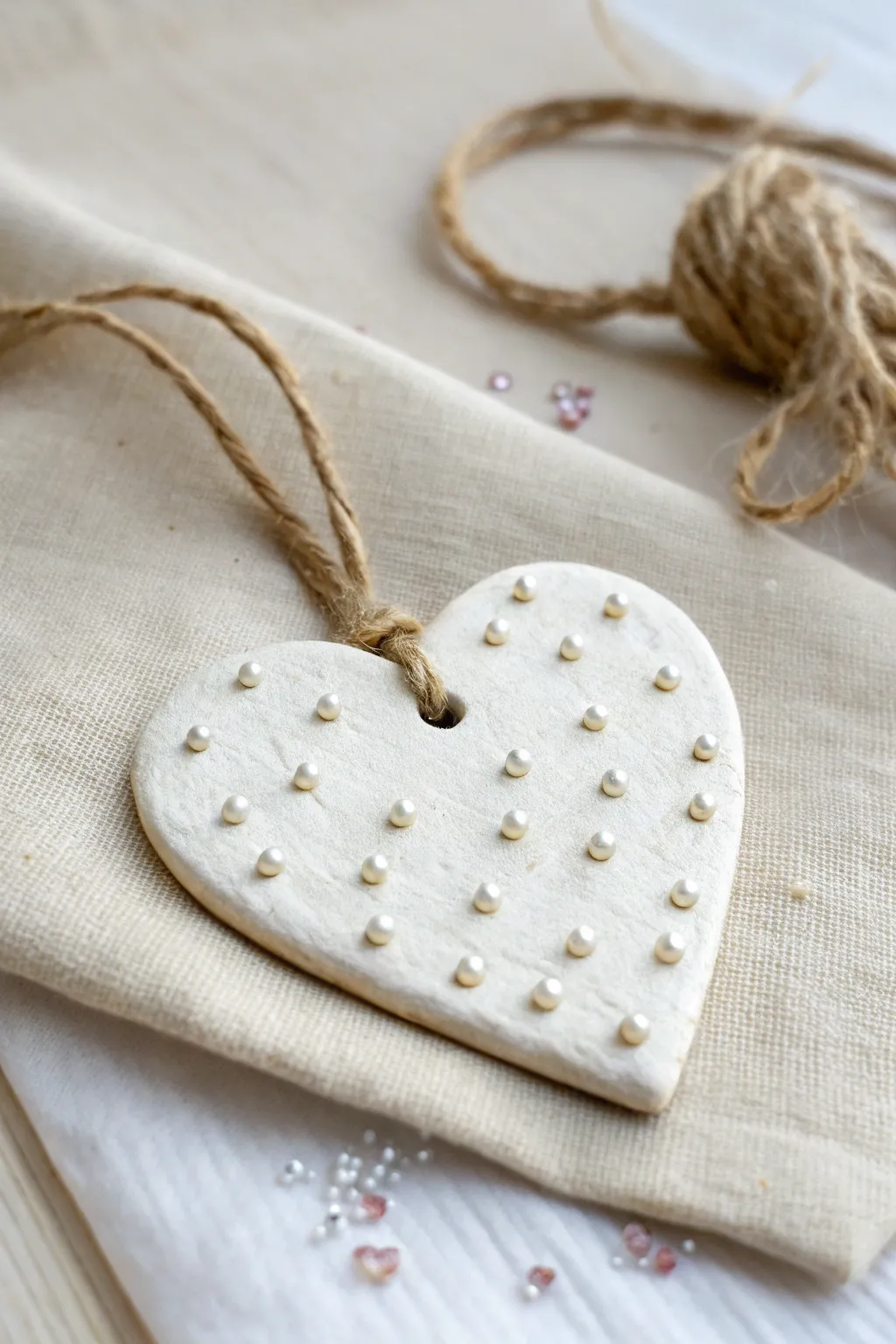 Sweet beaded heart ornament in air dry clay, simple enough for kids and pretty for display