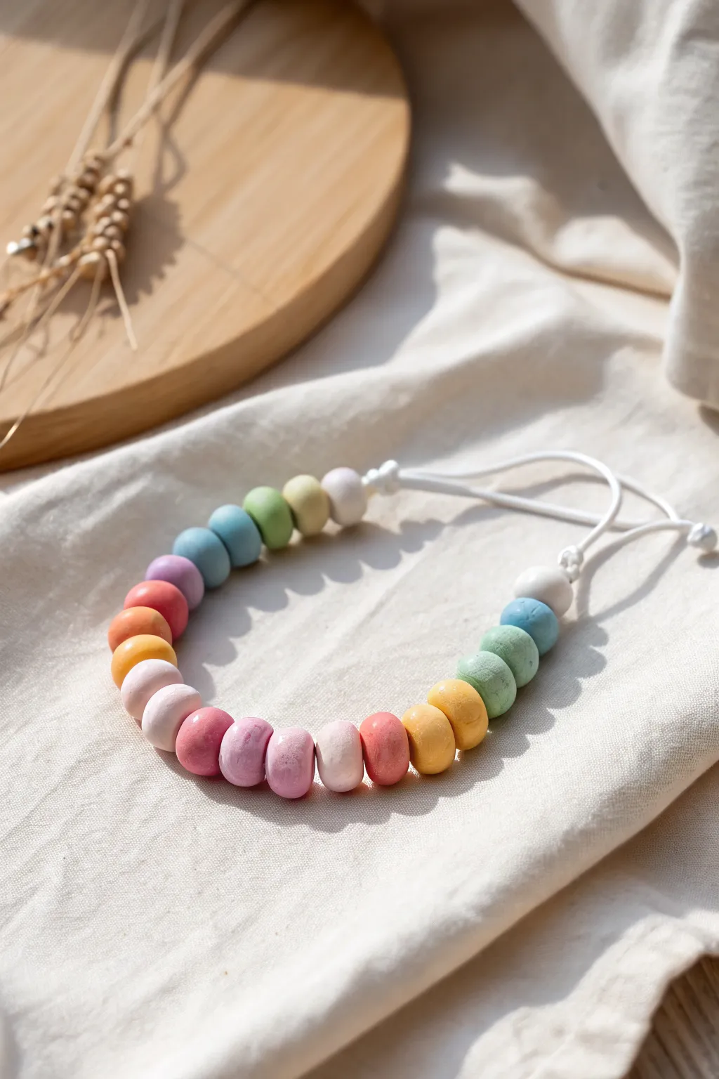 Chunky rainbow air-dry clay bead bracelet, simple, imperfect, and kid-friendly with cozy Nordic style